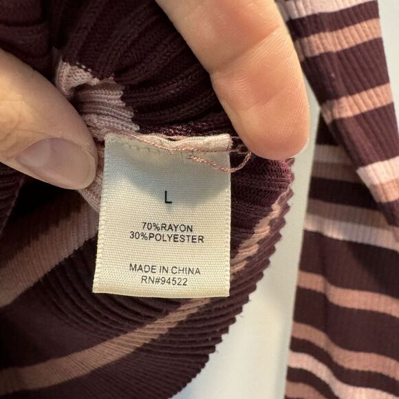 Sweater Tight Knit Mockneck Pullover Burgundy Stripe Stretch Retro Women Large - Picture 7 of 8